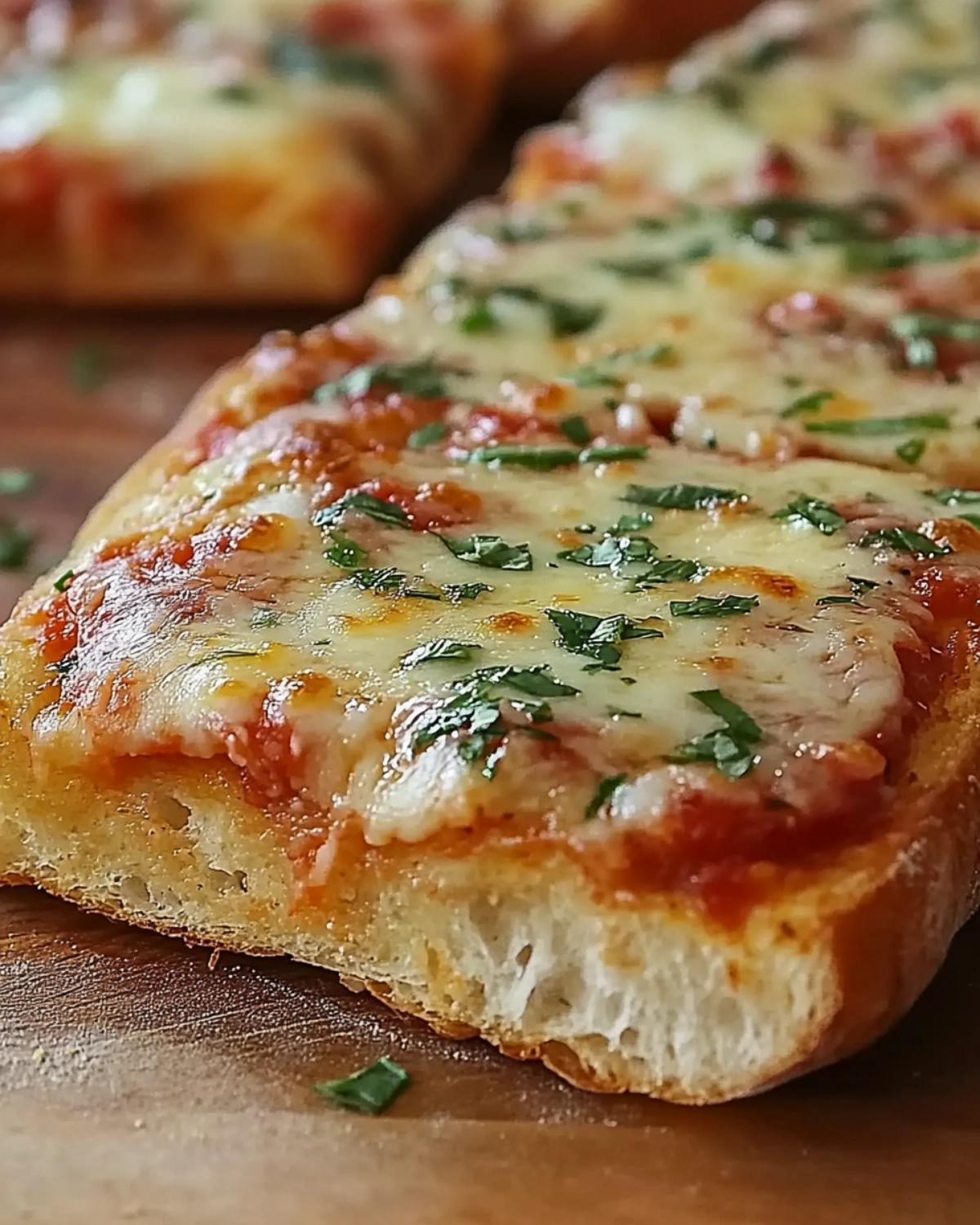 Close-up of a cheesy French bread pizza slice with herbs on a wooden board.