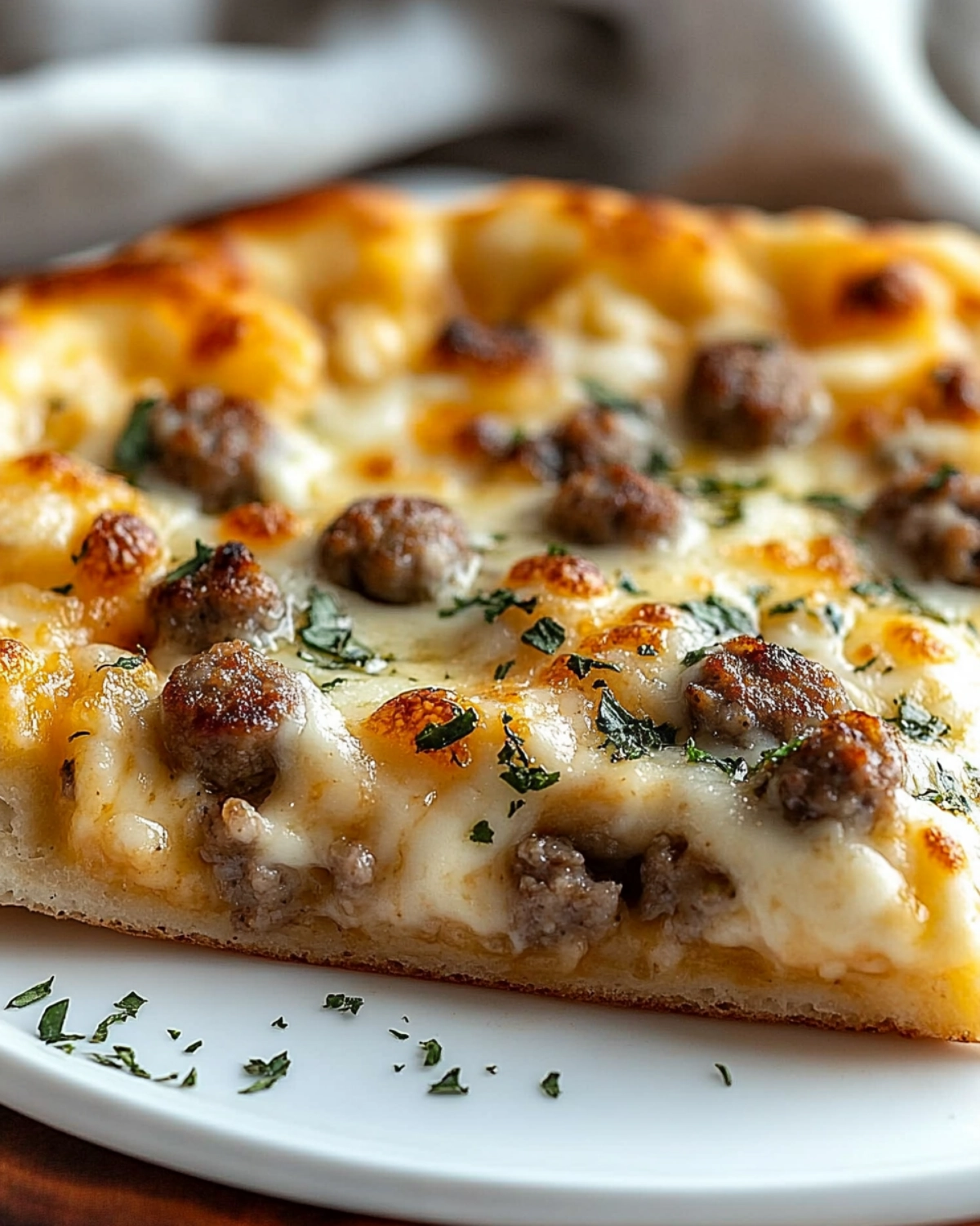 Slice of sausage breakfast pizza with golden crust and melted cheese on a white plate.