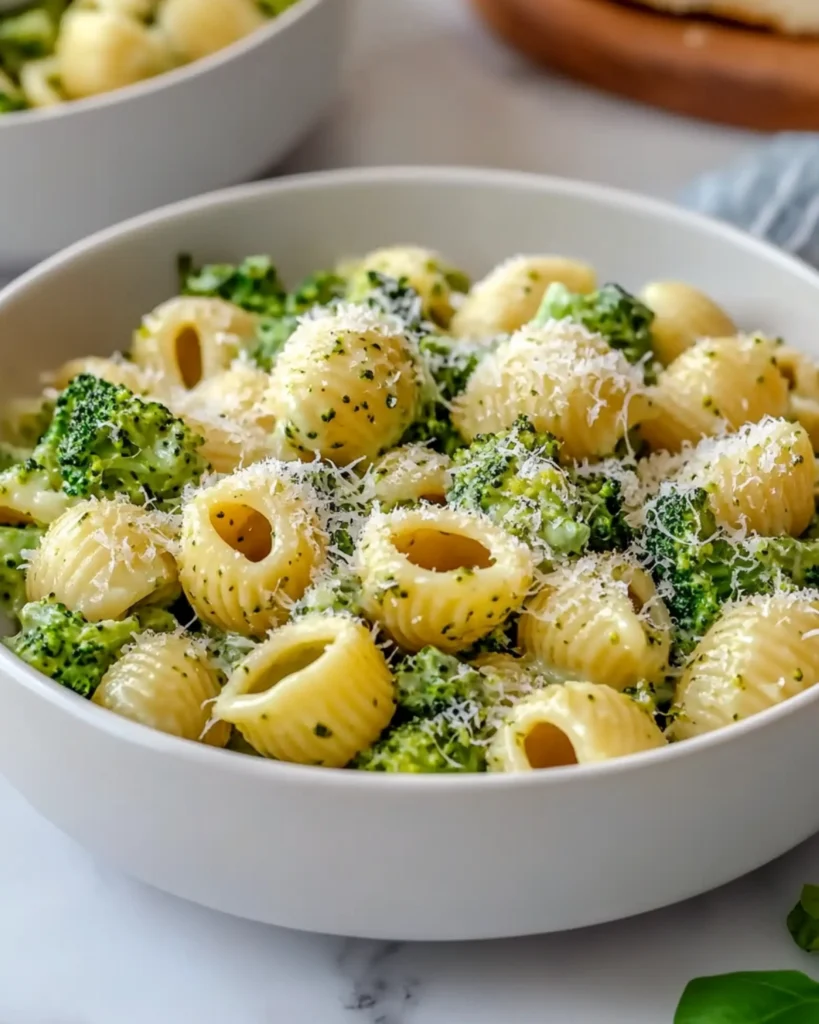 Creamy broccoli shell pasta served in a white bowl with grated parmesan on top