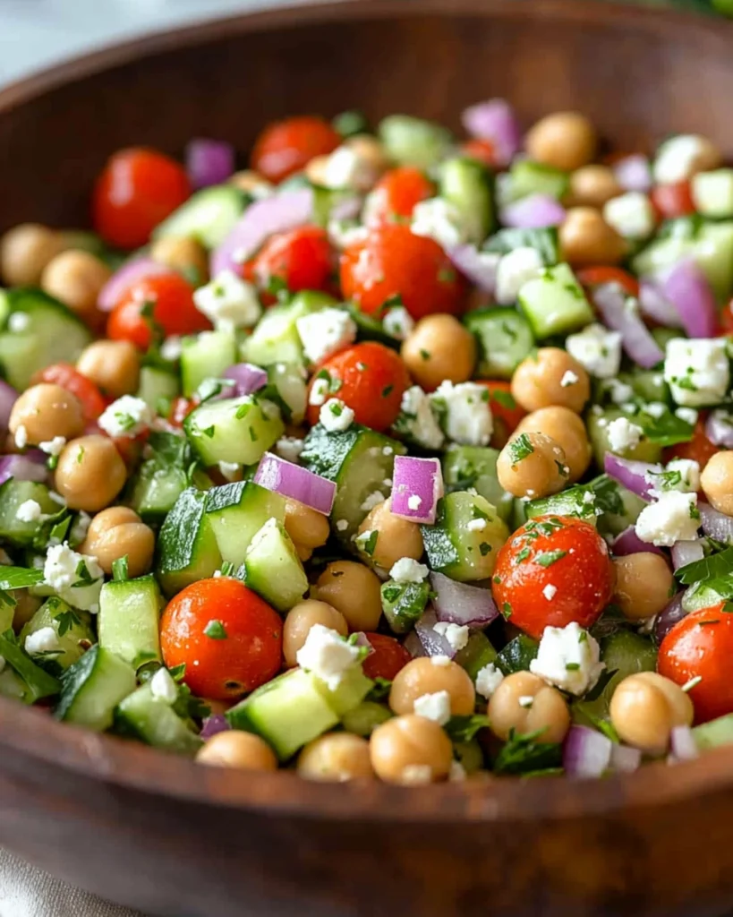 Bowl of Mediterranean chickpea salad with cucumbers, tomatoes, red onions, parsley, and feta cheese.