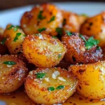 Crispy garlic butter roasted baby potatoes with herbs and parmesan on a white plate.