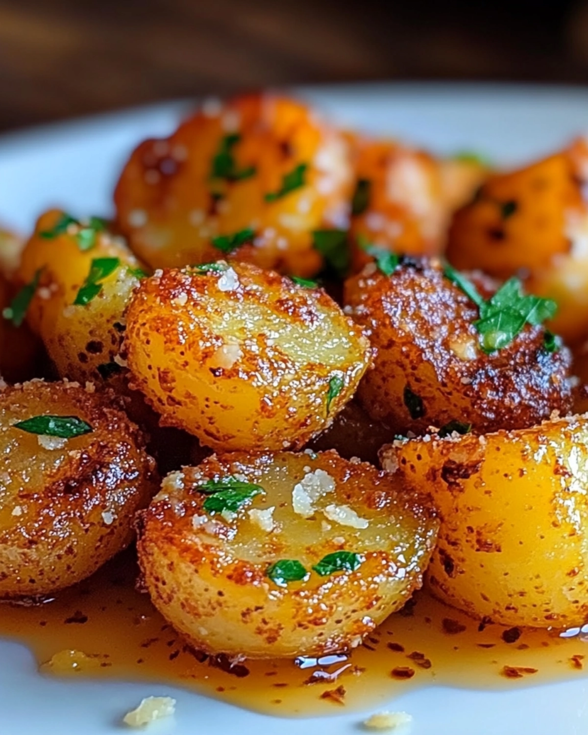 Crispy garlic butter roasted baby potatoes with herbs and parmesan on a white plate.