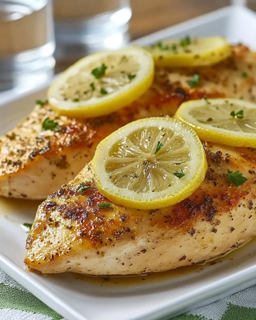 Roasted chicken breasts topped with lemon slices and parsley on a white plate.