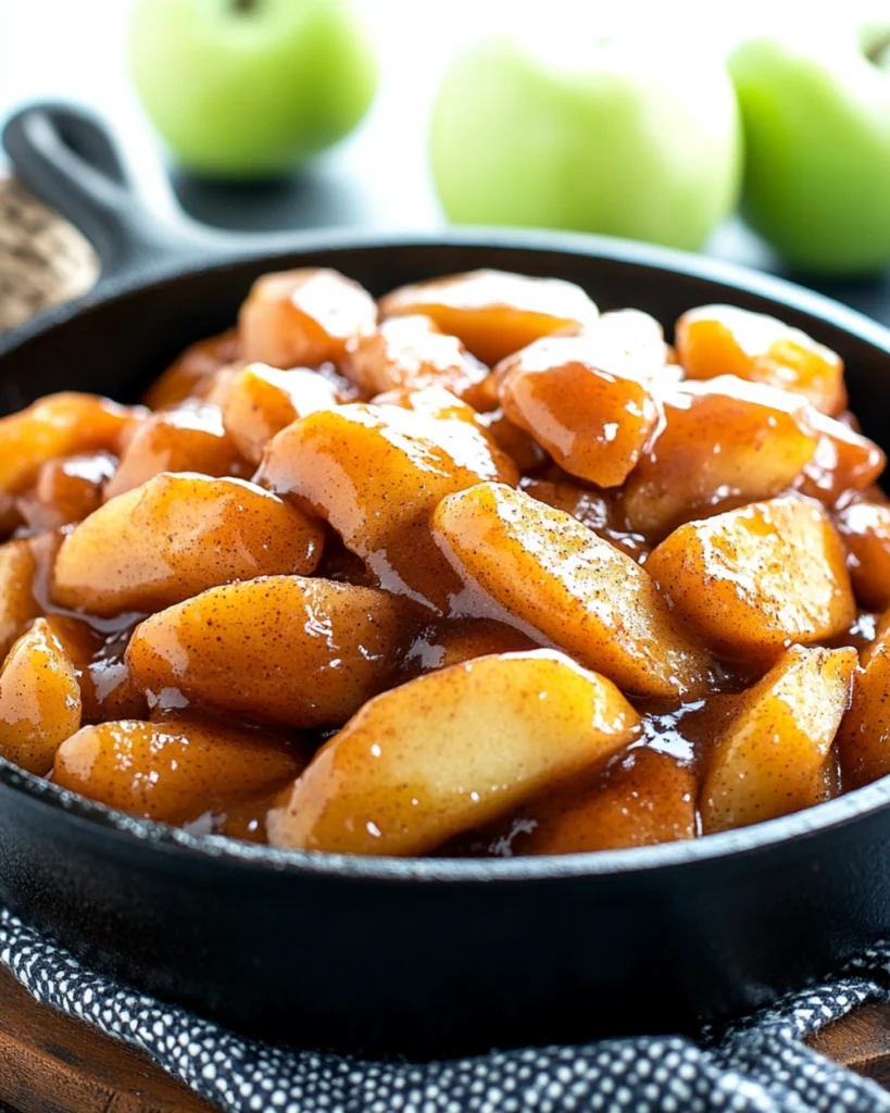 Cast-iron skillet of Southern fried apples coated in glossy cinnamon-brown sugar glaze.