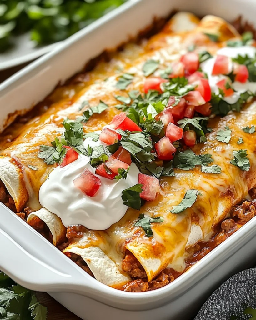 Beef enchiladas topped with melted cheese, sour cream, fresh cilantro, and diced tomatoes in a white baking dish.