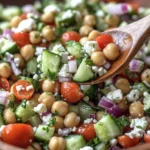 Close-up of fresh Mediterranean chickpea salad with cucumbers, tomatoes, red onions, parsley, and feta served in a wooden bowl.
