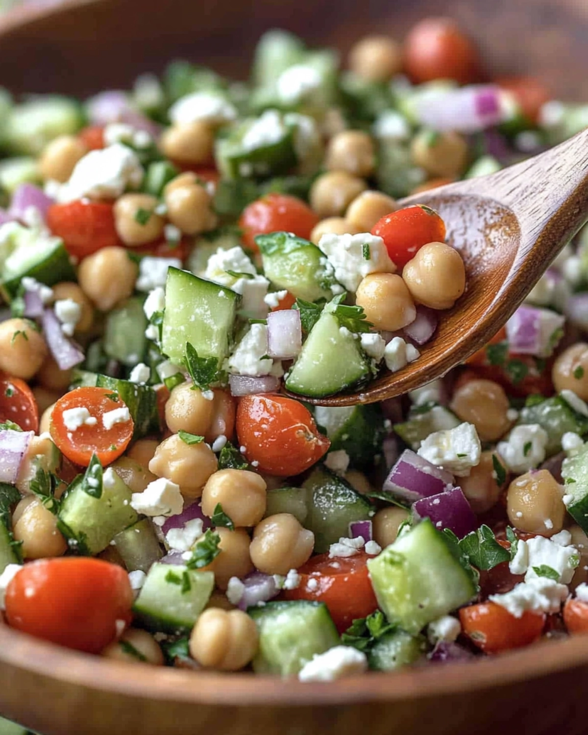 Close-up of fresh Mediterranean chickpea salad with cucumbers, tomatoes, red onions, parsley, and feta served in a wooden bowl.