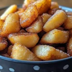 Close-up of Southern fried apples coated in cinnamon sugar, served in a patterned bowl.