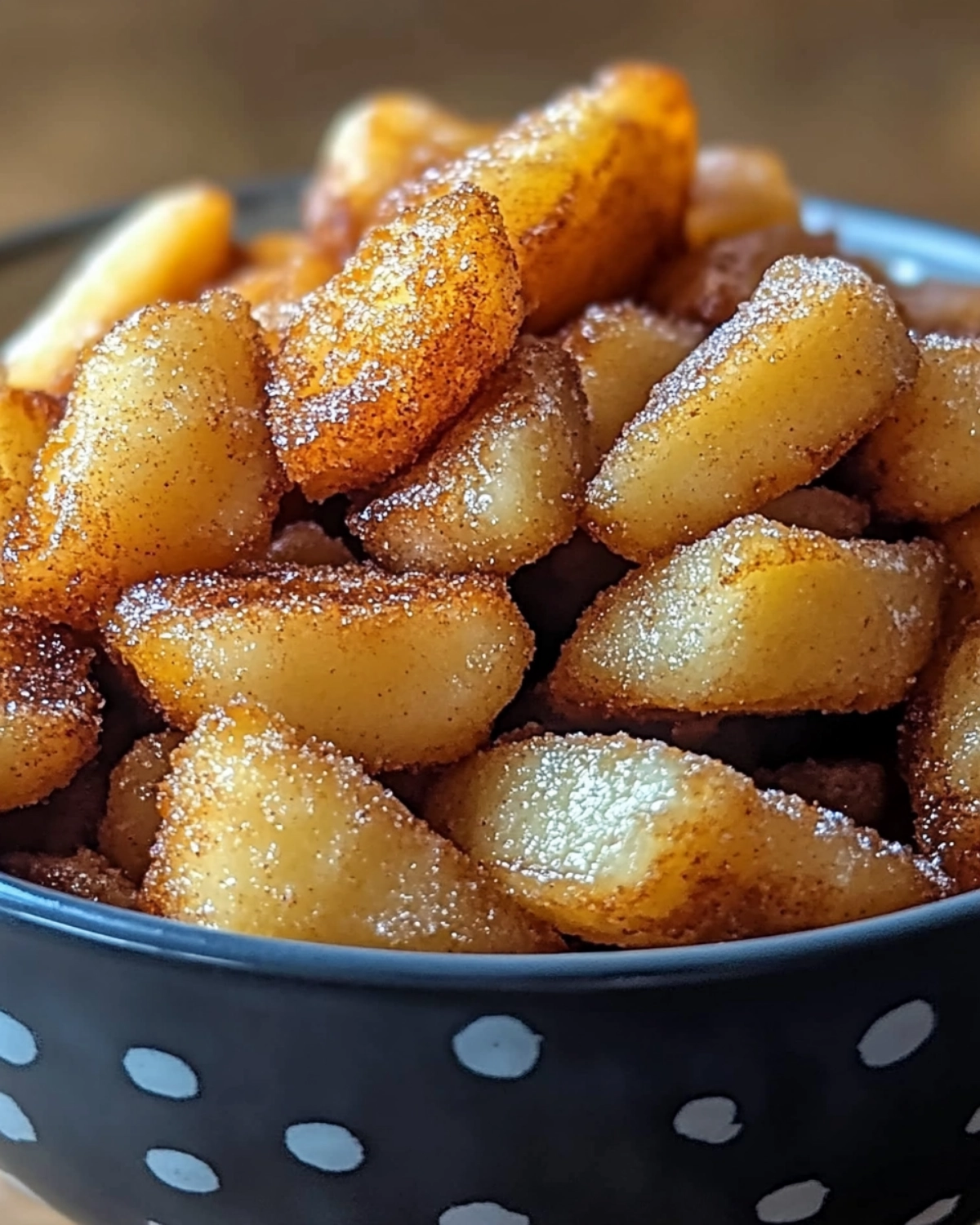 Close-up of Southern fried apples coated in cinnamon sugar, served in a patterned bowl.