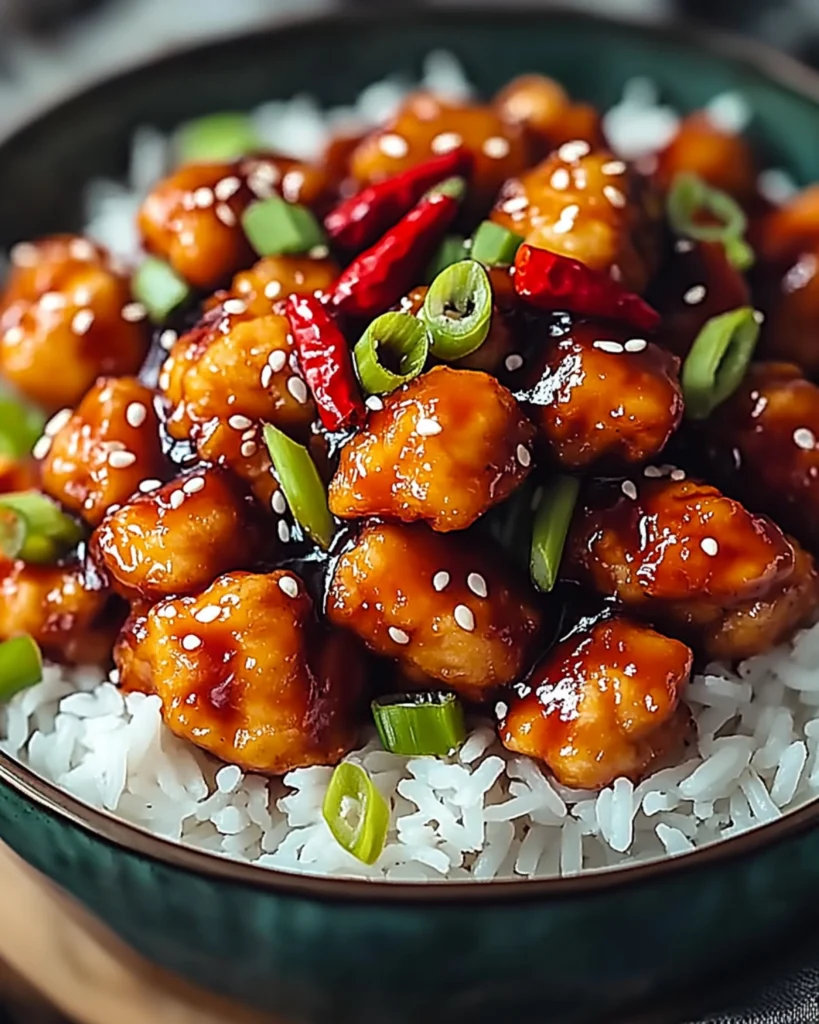 General Tso’s chicken topped with scallions, red chili, and sesame seeds over white rice in a green bowl.