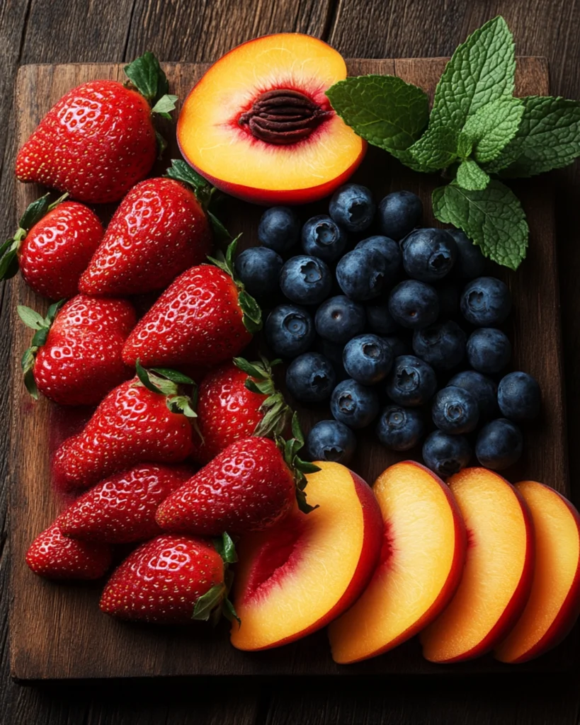 Freshly sliced peaches, strawberries, blueberries, and mint leaves on a rustic wooden board.