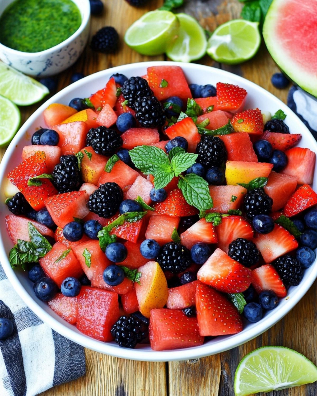 Overhead view of a summer fruit salad with watermelon, strawberries, blueberries, blackberries, and mint, surrounded by lime and watermelon slices.
