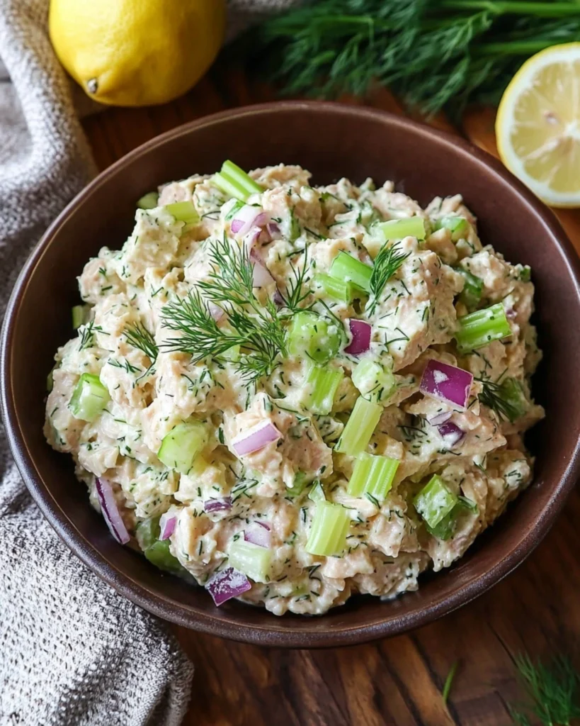 Creamy tuna salad with celery, red onions, and dill in a rustic bowl on a wooden table.