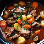 Hearty slow cooker beef stew with carrots, potatoes, and mushrooms in rich gravy