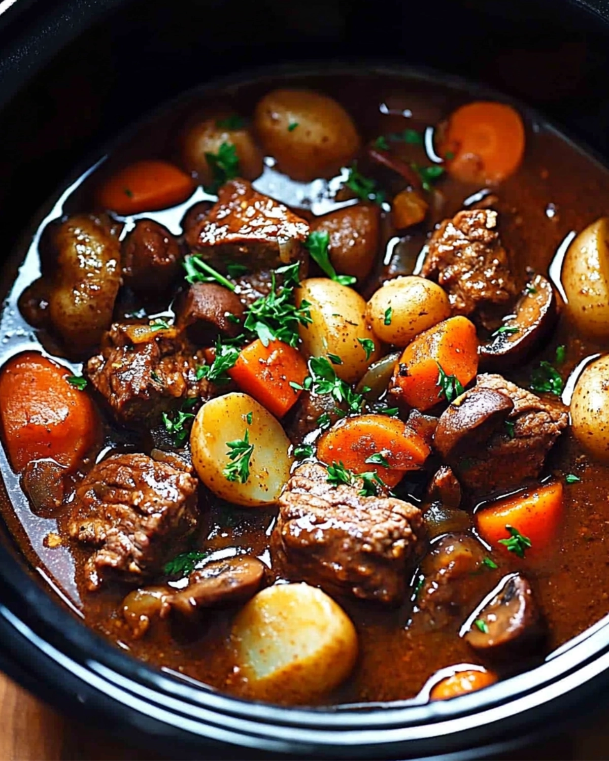Hearty slow cooker beef stew with carrots, potatoes, and mushrooms in rich gravy