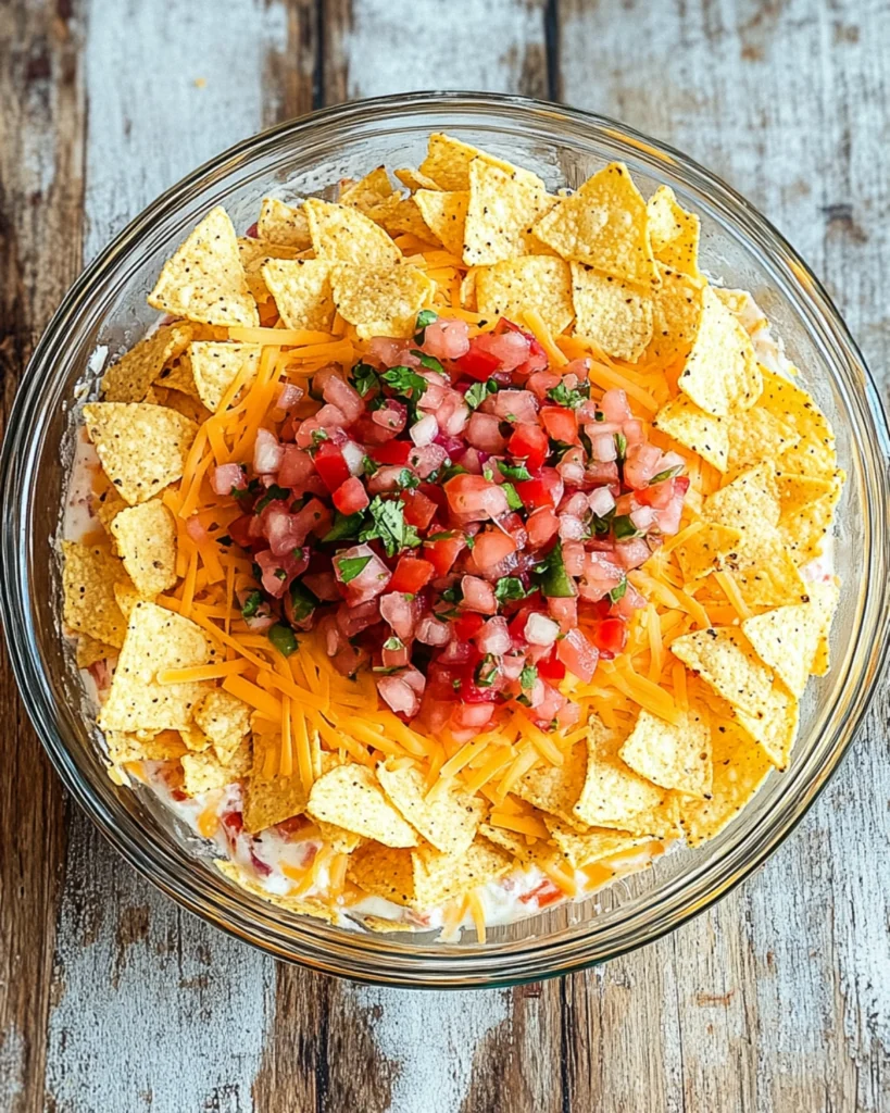 Top view of taco dip salad topped with crushed tortilla chips, shredded cheese, and pico de gallo.