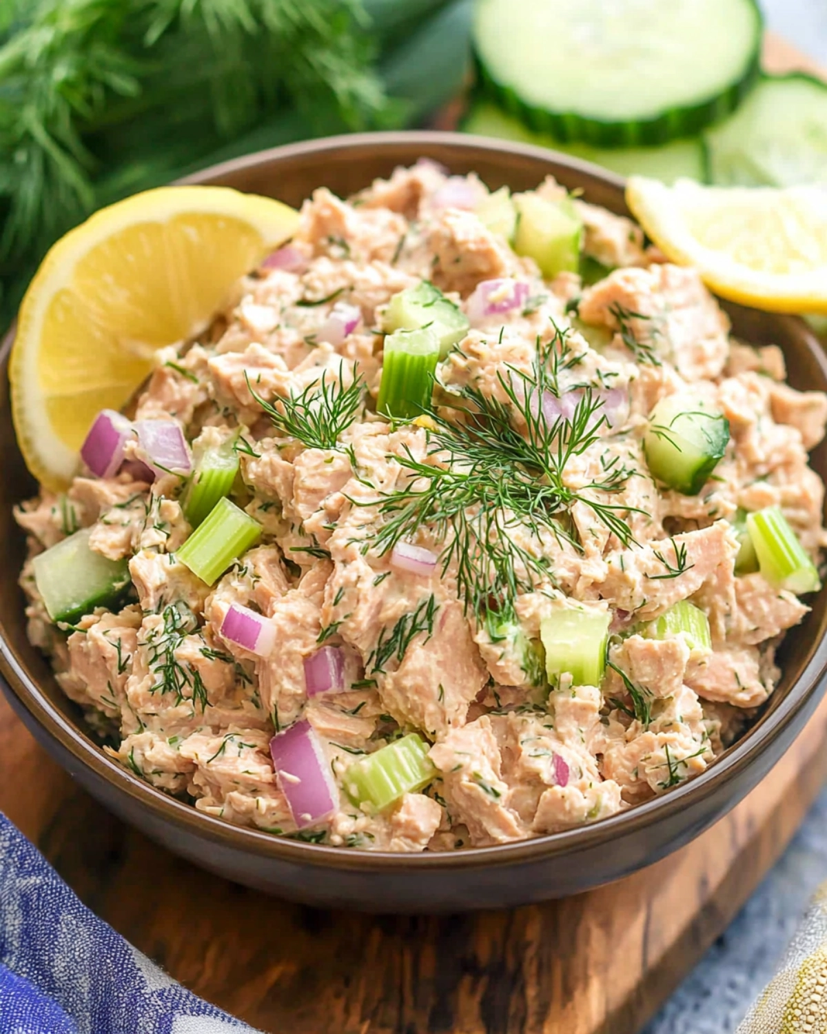 Close-up of creamy homemade tuna salad with red onion, celery, dill, and lemon wedges served in a bowl
