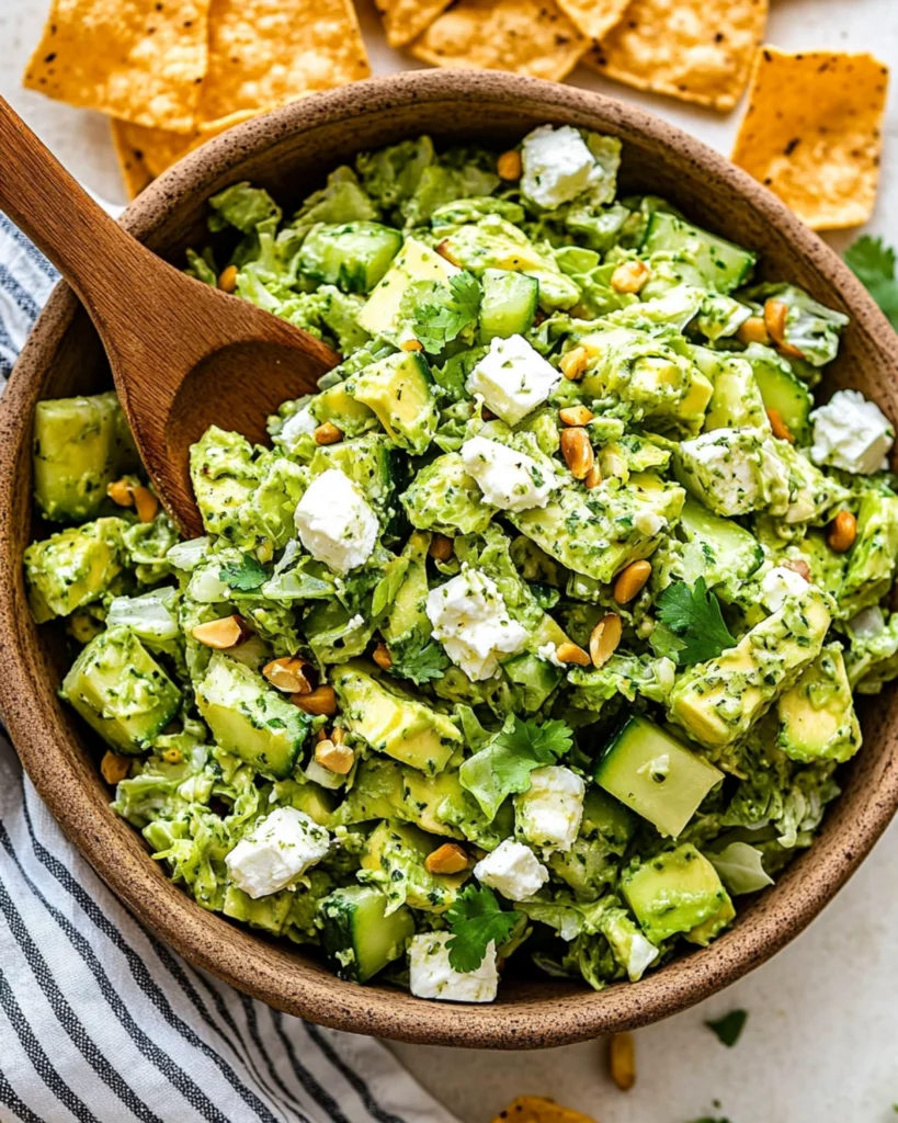 Fresh chopped green salad with avocado, feta, pepitas, and green goddess dressing in a rustic bowl