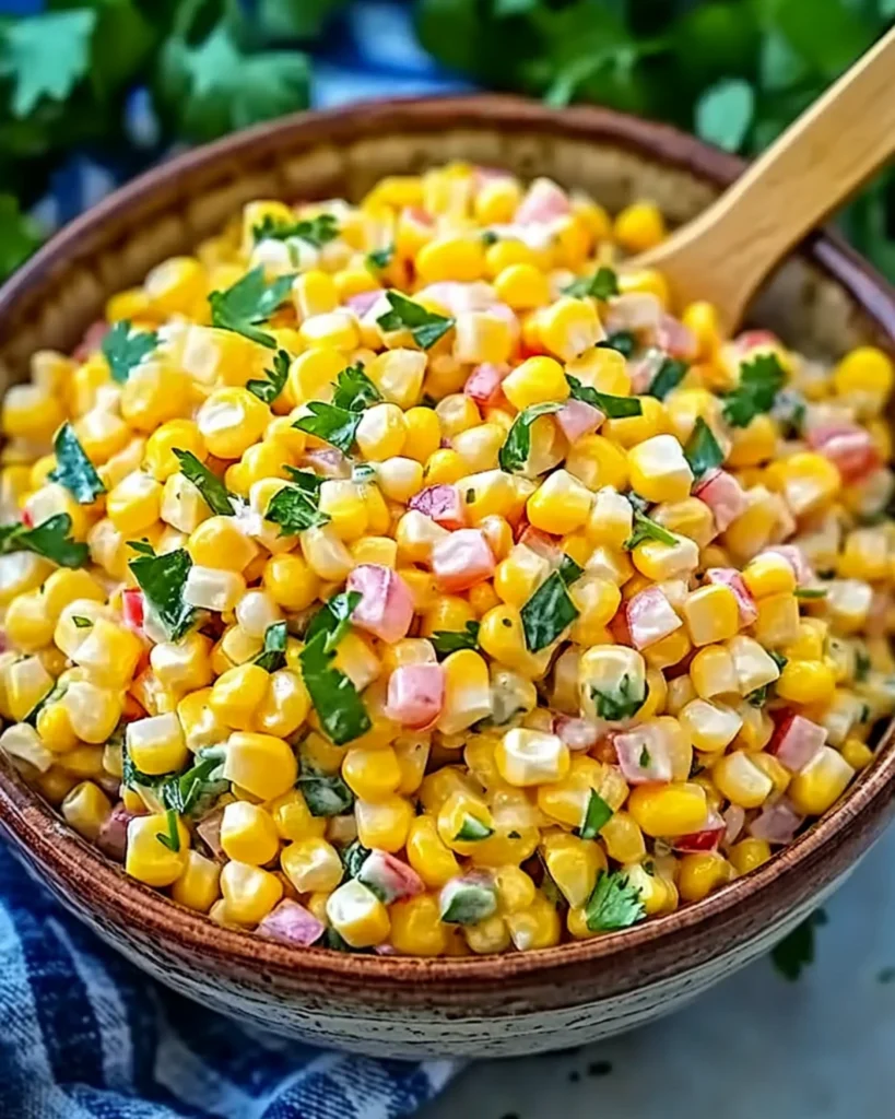 Creamy corn salad with red peppers and parsley in a rustic gray bowl