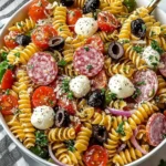Italian pasta salad with rotini, cherry tomatoes, mozzarella balls, olives, and bell peppers in a white bowl.