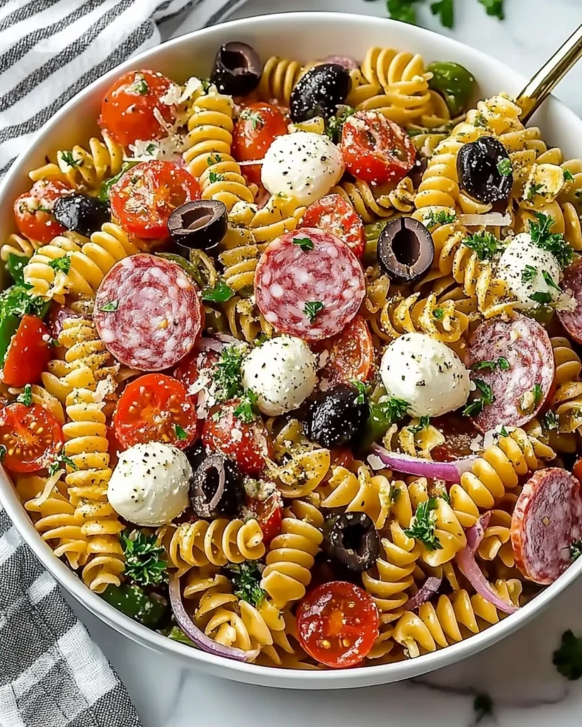 Italian pasta salad with rotini, cherry tomatoes, mozzarella balls, olives, and bell peppers in a white bowl.