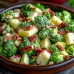 Fresh broccoli apple salad with creamy dressing and crunchy pecans in a rustic bowl.