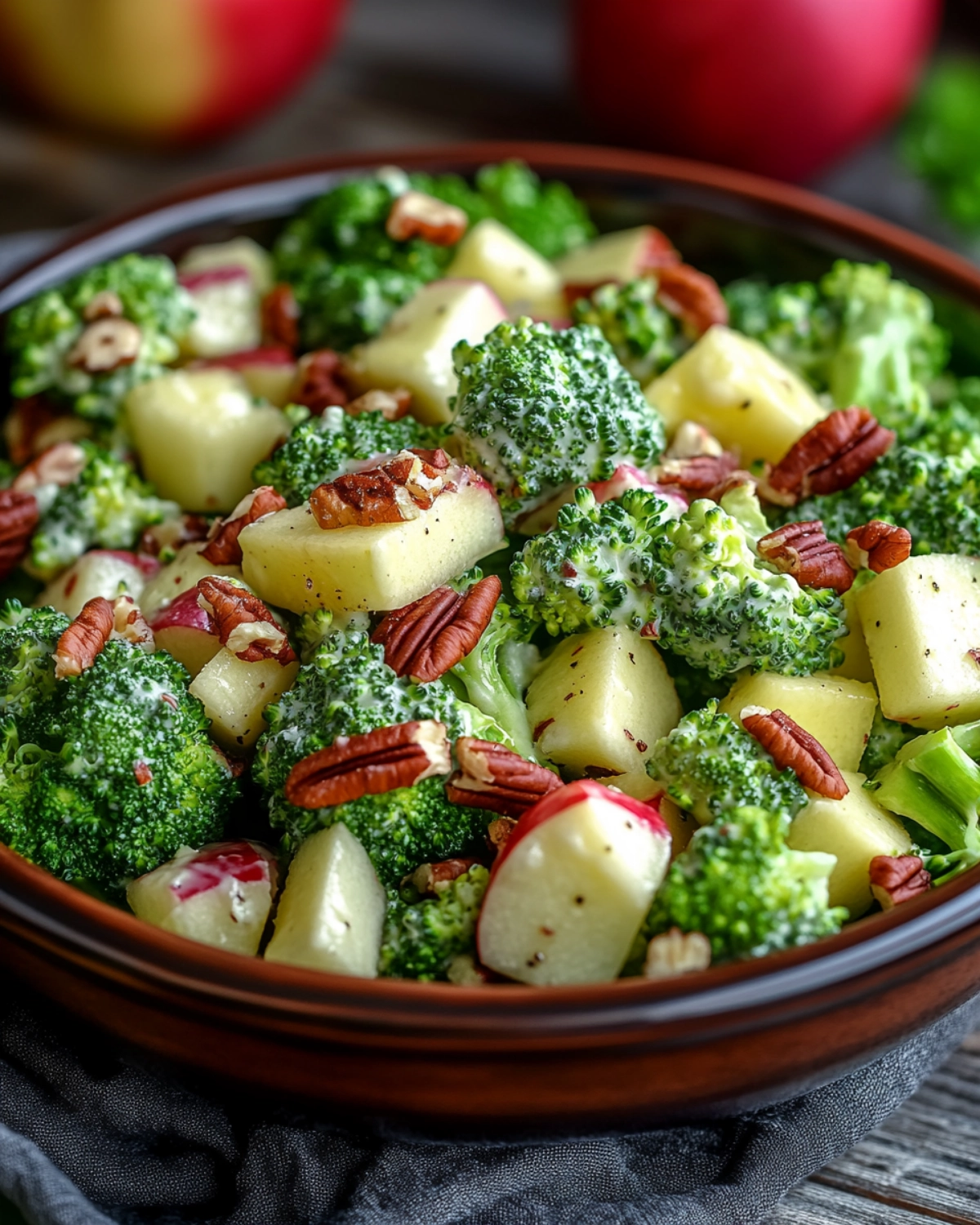 Fresh broccoli apple salad with creamy dressing and crunchy pecans in a rustic bowl.