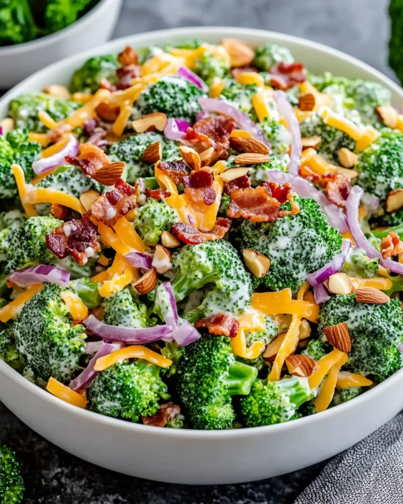 Fresh broccoli salad with cheddar cheese, bacon, almonds, and creamy dressing in a white bowl