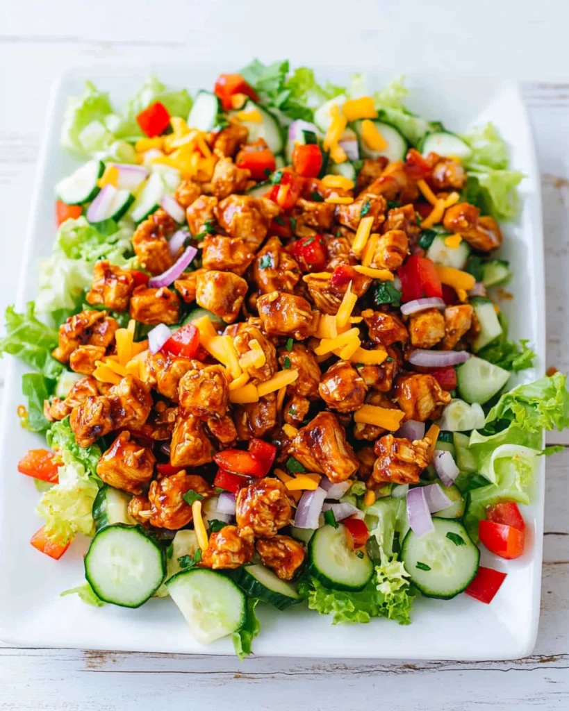 Overhead view of BBQ chicken salad with fresh vegetables and cheddar cheese on a white plate.