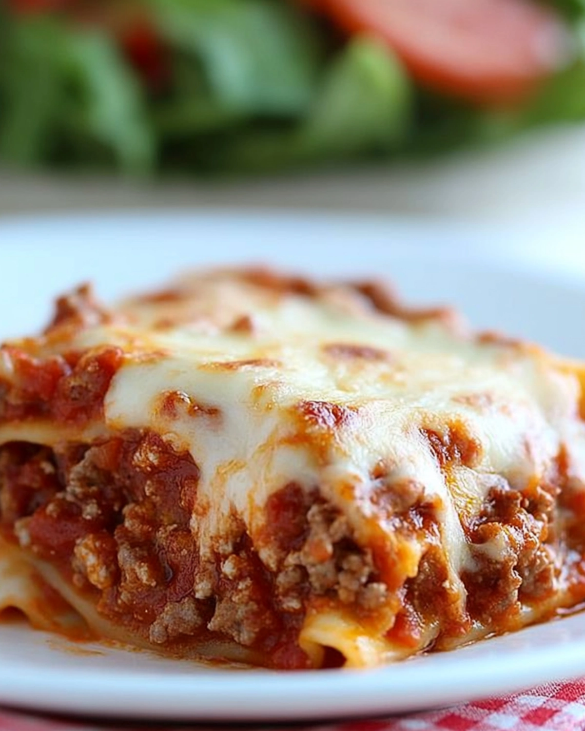 Side view of a cheesy crock pot lasagna slice with meat sauce on a white plate and colorful napkin.