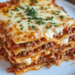 A close-up of a cheesy beef lasagna slice topped with parsley, showing gooey layers of pasta, ricotta, and rich meat sauce on a white plate.