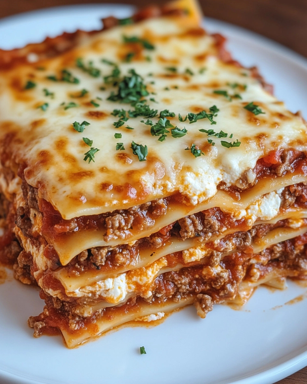 A close-up of a cheesy beef lasagna slice topped with parsley, showing gooey layers of pasta, ricotta, and rich meat sauce on a white plate.