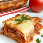 Close-up of a cheesy lasagna slice with fresh parsley on a white plate