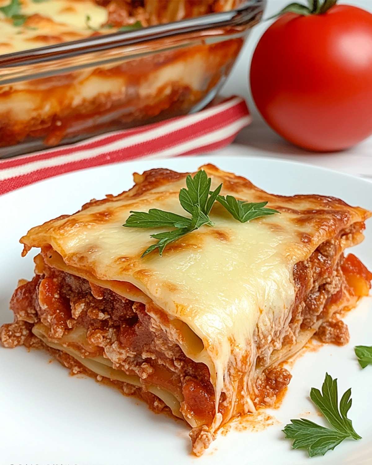 Close-up of a cheesy lasagna slice with fresh parsley on a white plate