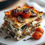Close-up of creamy vegetarian white lasagna with spinach, roasted vegetables, and cherry tomatoes on a plate.