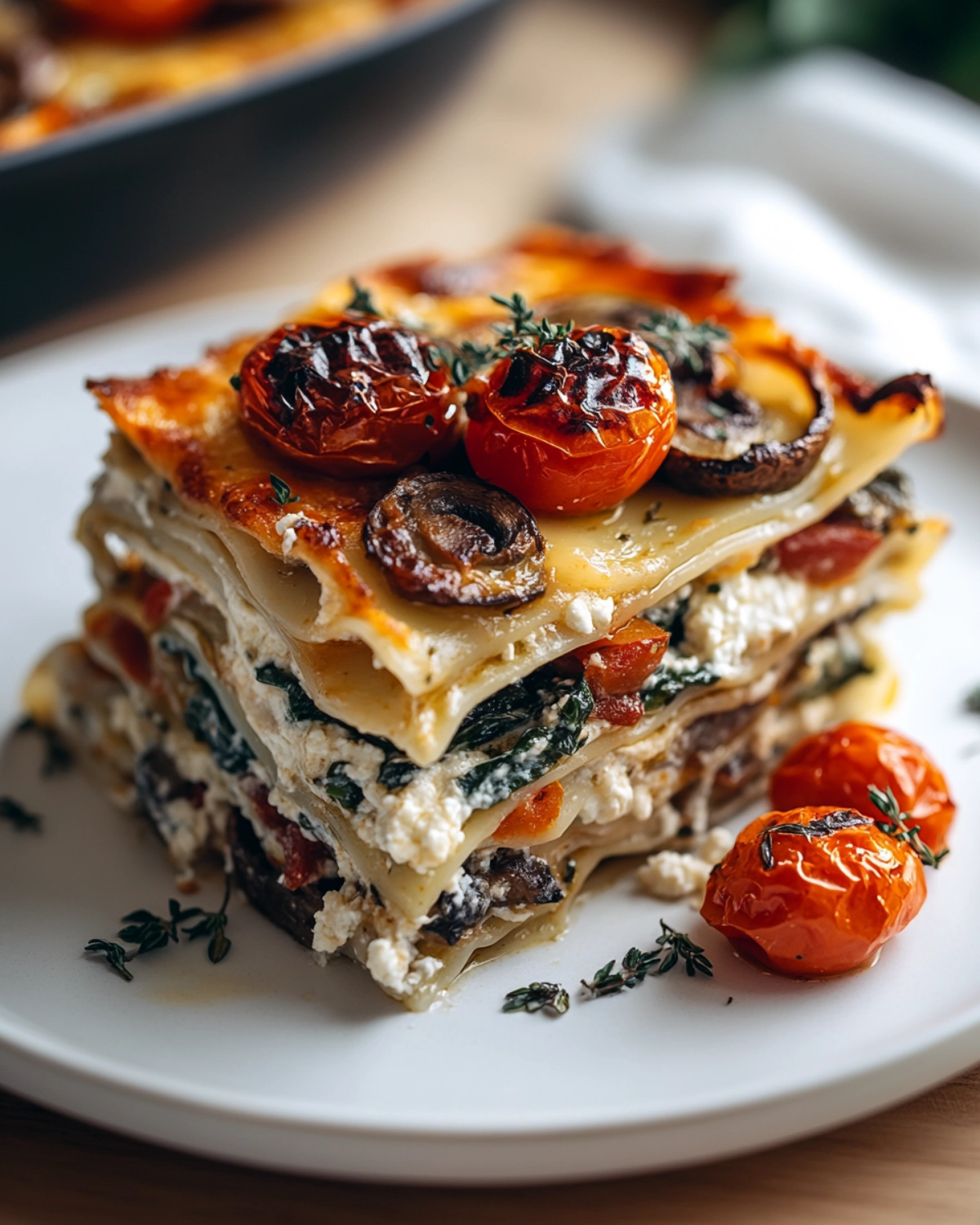 Close-up of creamy vegetarian white lasagna with spinach, roasted vegetables, and cherry tomatoes on a plate.
