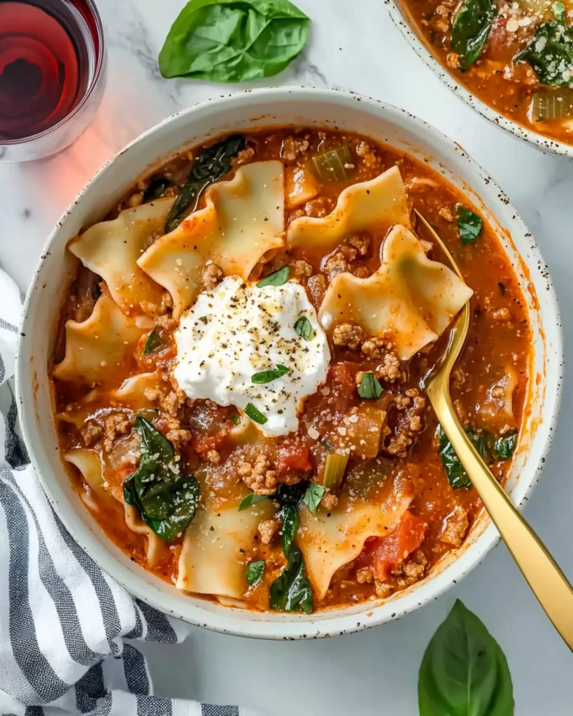 Lasagna soup with ricotta, basil, and parmesan, served with a gold spoon, wine, and striped towel on a marble countertop.