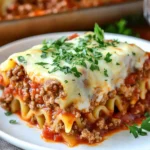 Single serving of cheesy lasagna roll-up on a white plate with ground beef, marinara, and parsley