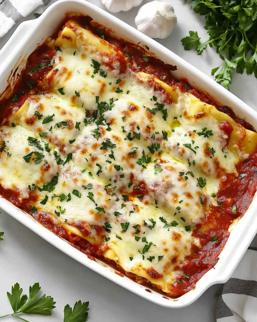 Freshly baked cheesy manicotti pasta with tomato sauce and parsley in a white baking dish