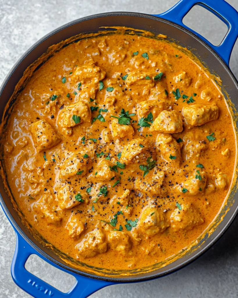 Blue skillet filled with creamy butter chicken curry garnished with herbs and pepper.