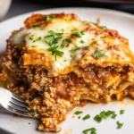 Close-up of a half-eaten lasagna slice on a white plate, showing layers of meat sauce, cheese, and pasta with a fork digging in.