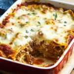 Delicious homemade lasagna with melted cheese and meat sauce in a baking dish