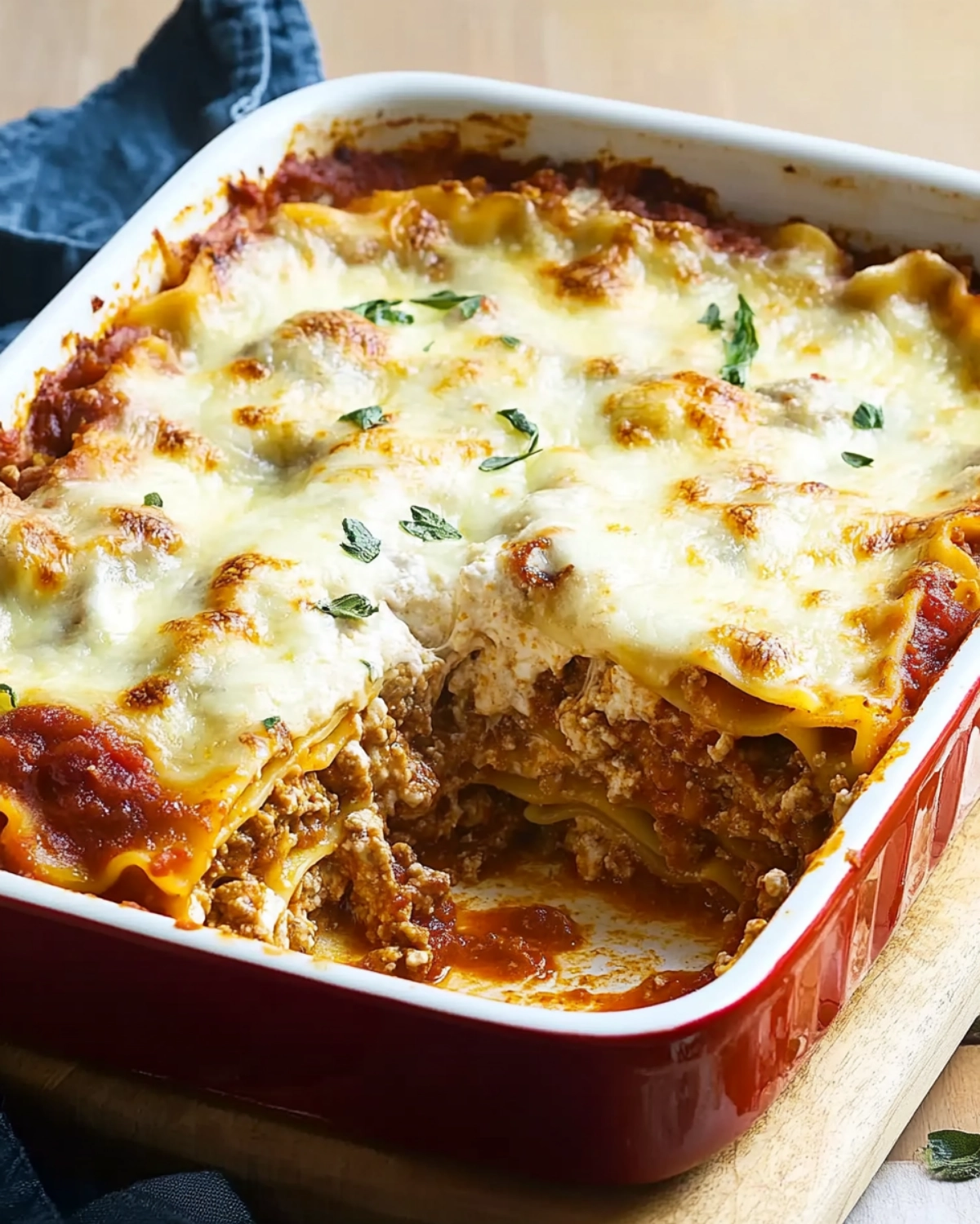 Delicious homemade lasagna with melted cheese and meat sauce in a baking dish
