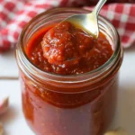 Homemade tomato sauce in a glass jar with a spoonful being lifted