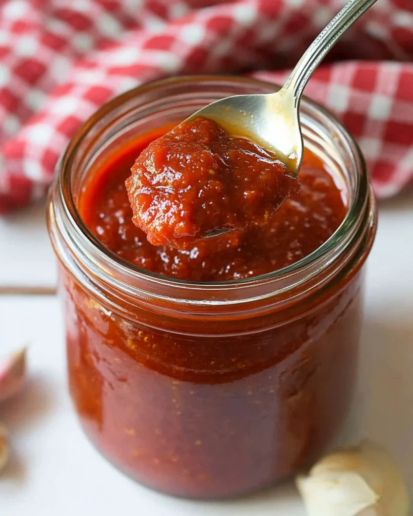 Homemade tomato sauce in a glass jar with a spoonful being lifted