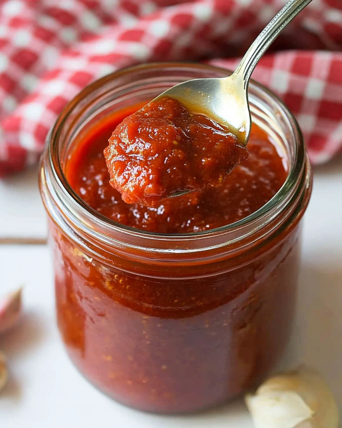 Homemade tomato sauce in a glass jar with a spoonful being lifted