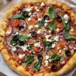 Mediterranean pizza topped with feta, olives, red onions, and spinach on parchment paper