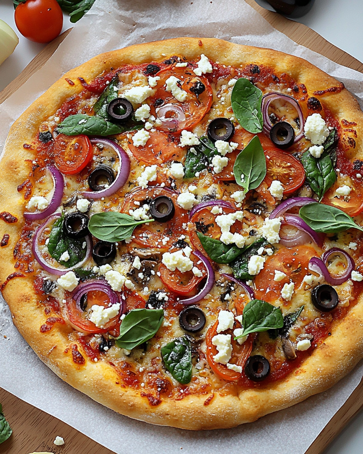 Mediterranean pizza topped with feta, olives, red onions, and spinach on parchment paper