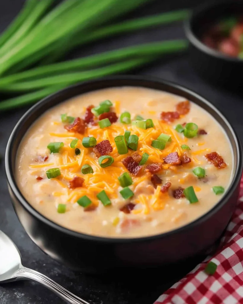 Black bowl of loaded baked potato soup topped with cheddar, bacon, and green onions