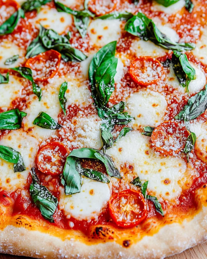 Close-up of a baked Margherita pizza with bubbly mozzarella, basil, and golden crust